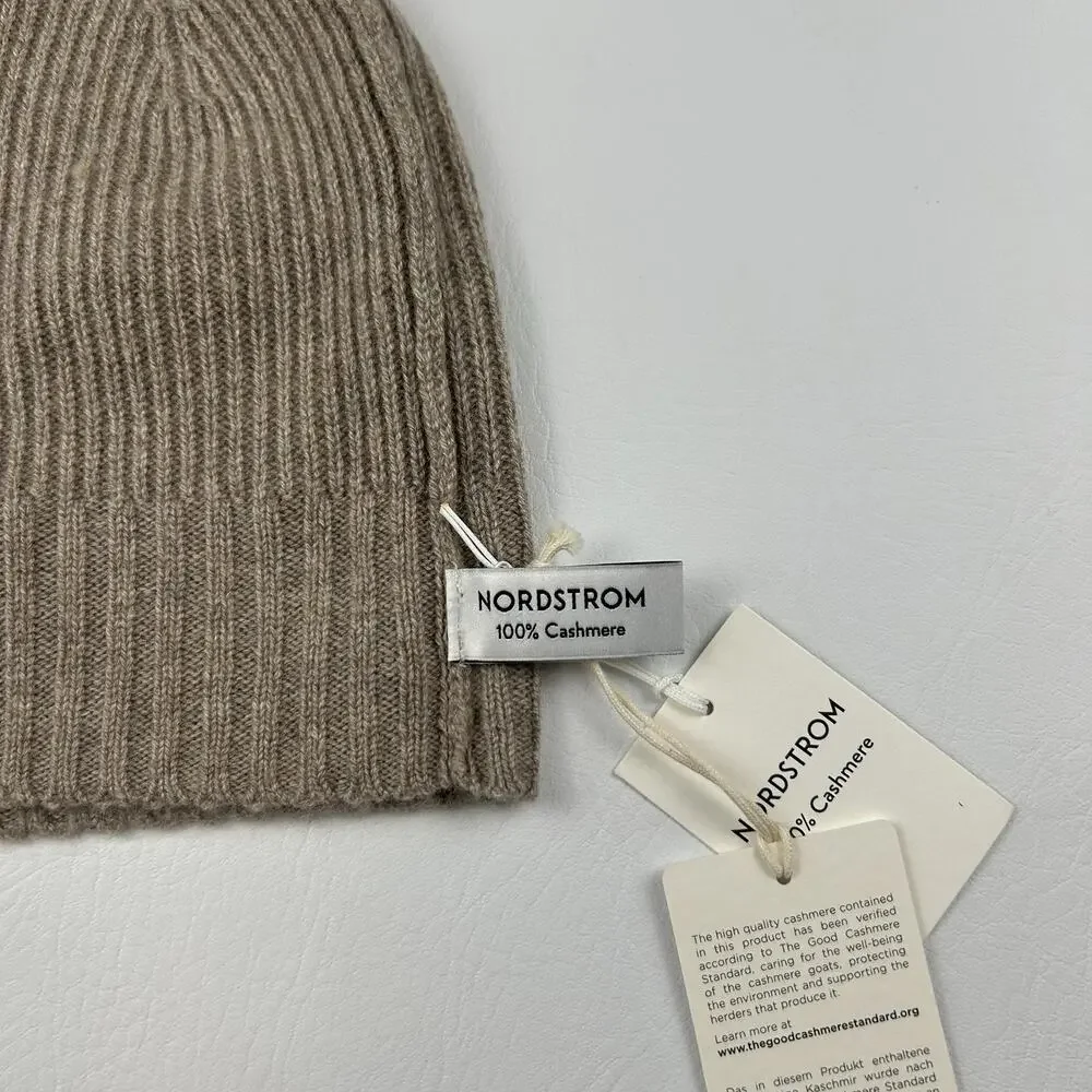 Nordstrom 100% Cashmere Rib Knit Beanie Hat Taupe One Size Soft Luxury NWT